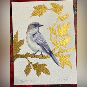 Original phoebe Watercolor painting Bird Art Gold accents Vine nature decor EAEH